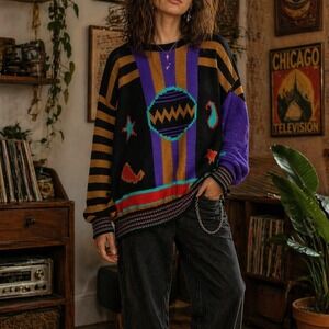 Zeppelin‎ Vintage 90s Abstract Geometric Womens Knit Sweater XL Black Multi